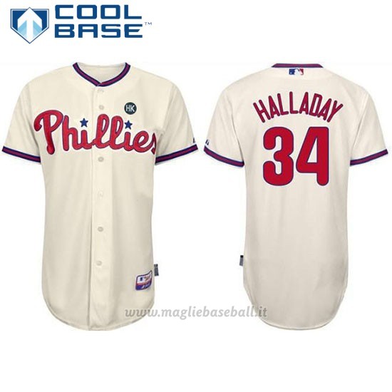Maglia Baseball Uomo Philadelphia Phillies Majestic Roy Halladay Crema Cool Base Giocatore